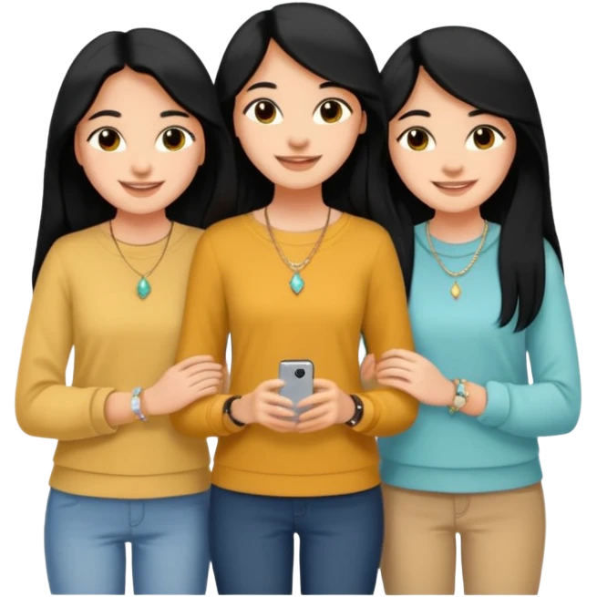 Just 3 best friends smiling big taking a selife, all have medium skin tone with black long hair. Wearing simple jewelry and casual modest clothes color coordinated outfit,  emoji