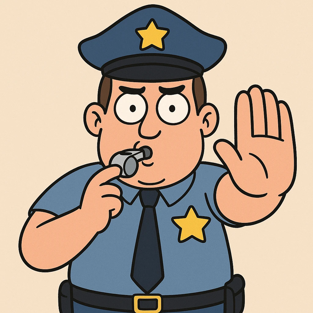 cartoon police officer, front view, blowing a whistle, hand raised to signal stop, bright colors, playful style emoji