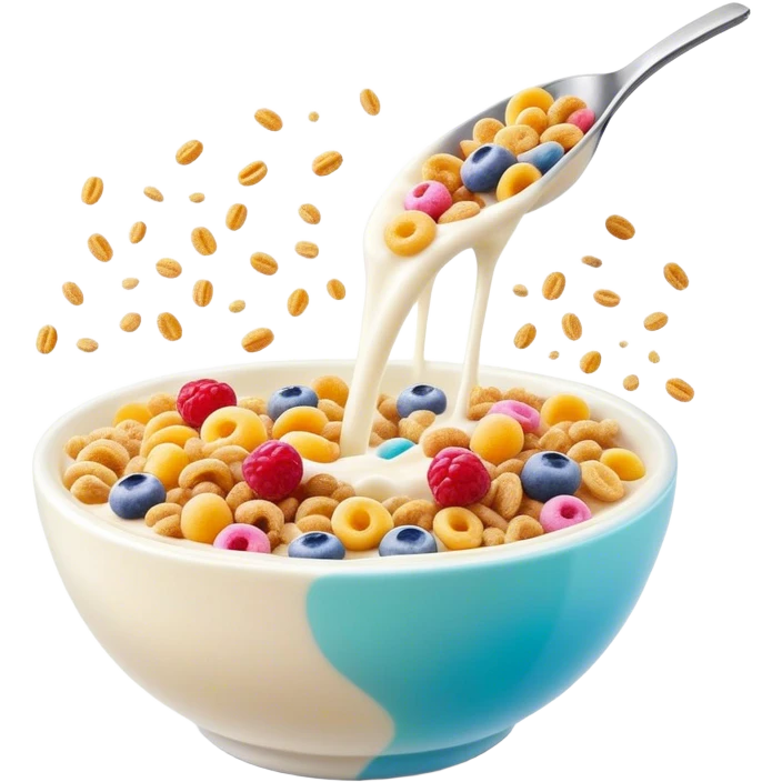 Cinematic crunchy cereal, vibrant and colorful, splashing into a bowl of cold milk, soft glowing background, dynamic movement, playful and inviting, nostalgic and fun. emoji
