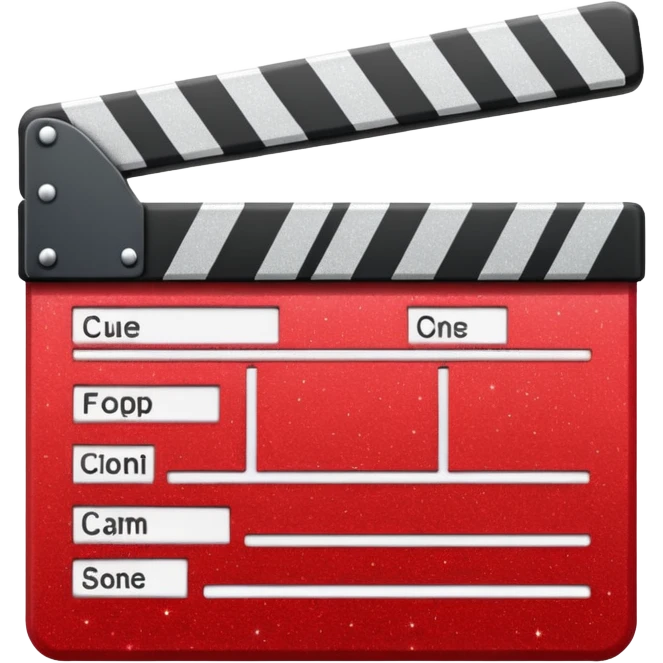 red clapperboard used in filmmaking, cute and stylish design with glitter emoji