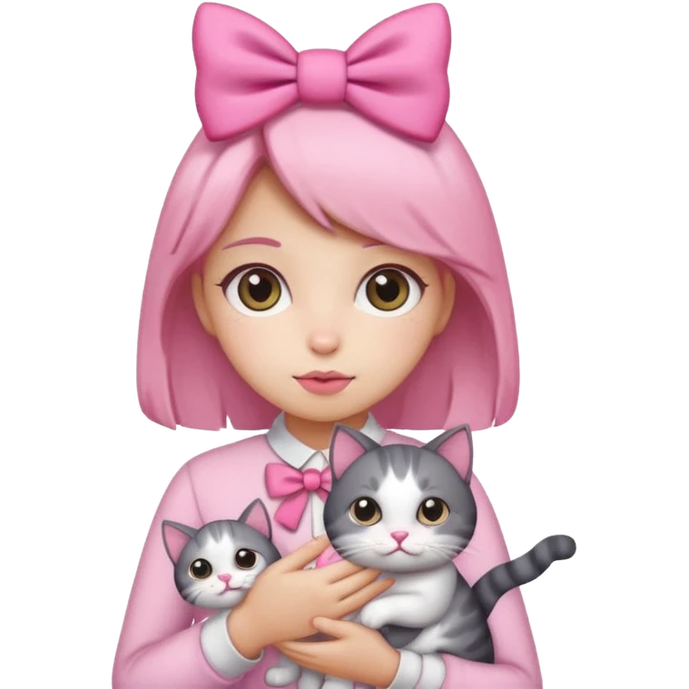 A gurl with pink bow holding a cat emoji