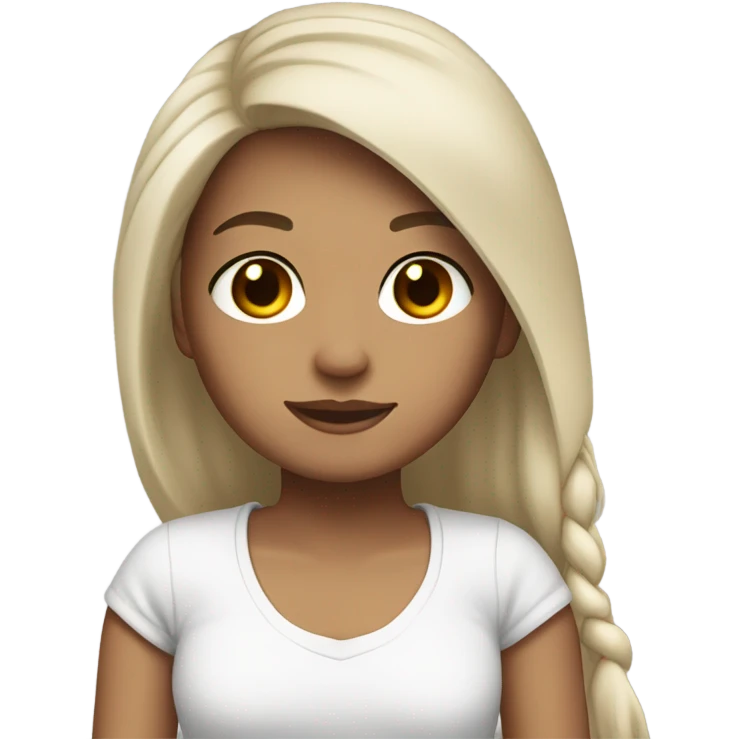 girl with light skin, long black hair with brown highlights, brown eyes, and white t-shirt emoji