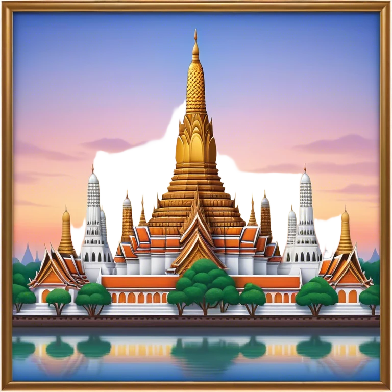 Cinematic Realistic Wat Arun Landmark Emoji, depicted with majestic temple spires illuminated against twilight rendered with intricate detail and soft, ethereal lighting. emoji
