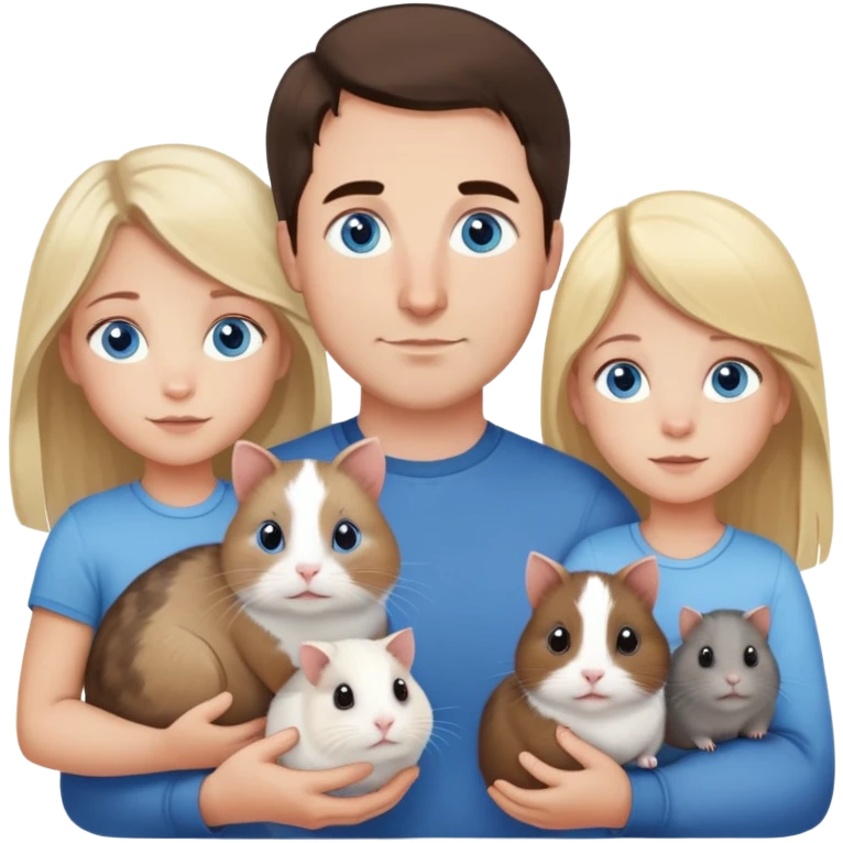 Family portrait with father with dark brown hair and blue eyes, mother with light brown hair and blue eyes, three blonde little girls with blue eyes, plus a grey cat and two guinea pigs emoji