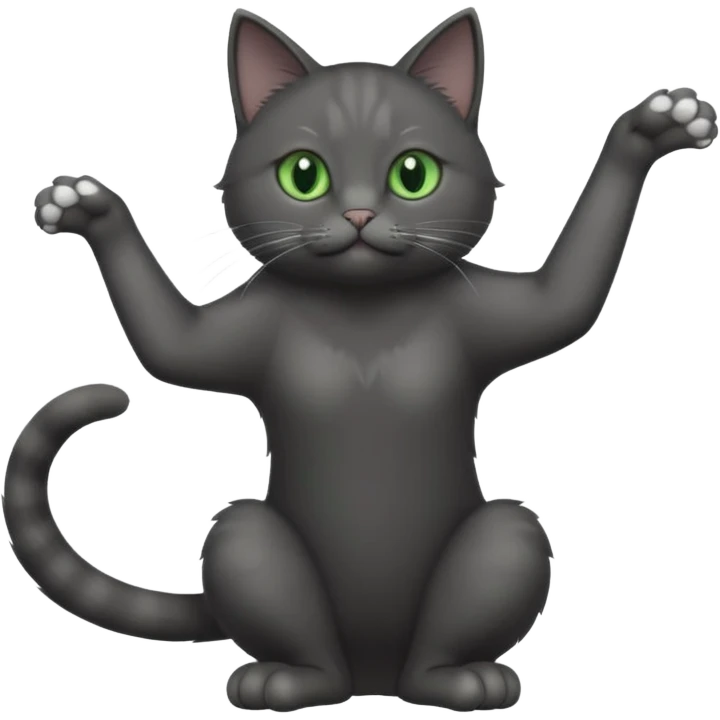 full body gorgeous solid dark grey cat with green eyes, white paws and white whiskers stretching like a cat emoji