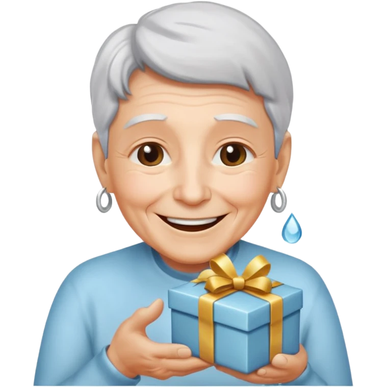 Una persona mayor recibiendo un regalo plateado. Se muestra sonriente y alegre los ojos llorando de felicidad se ve rejuvenecido emoji