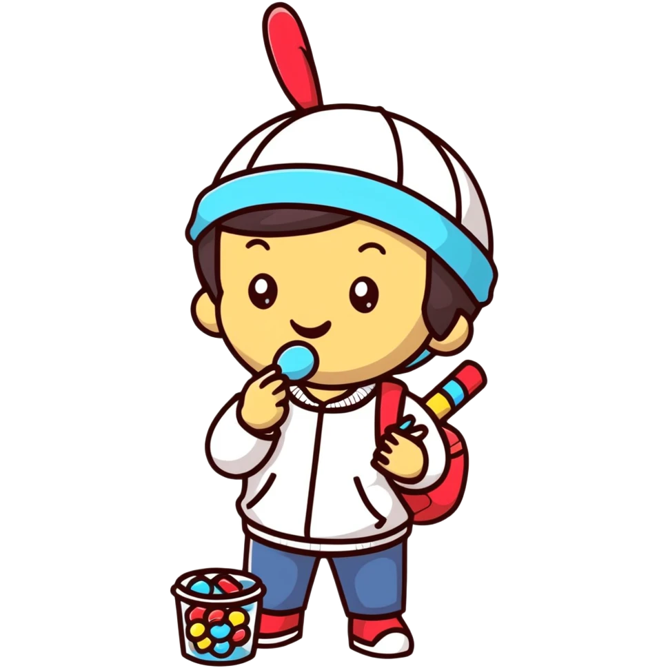 happy kid with helicopter hat eating candy emoji