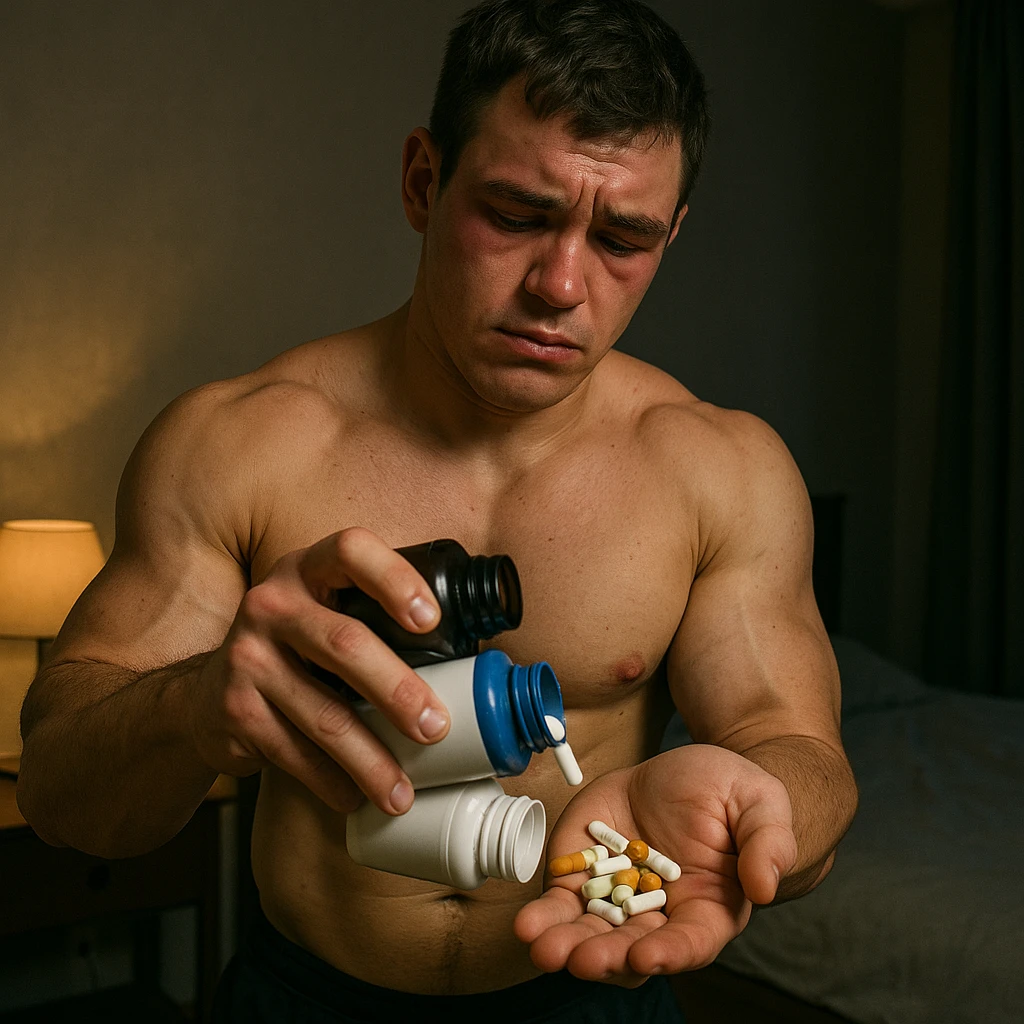 realistic young athlete pouring pills from various bottles into one hand, uncertain expression, swollen muscles but face marked by swelling, risky atmosphere, bedroom background, 4K quality emoji