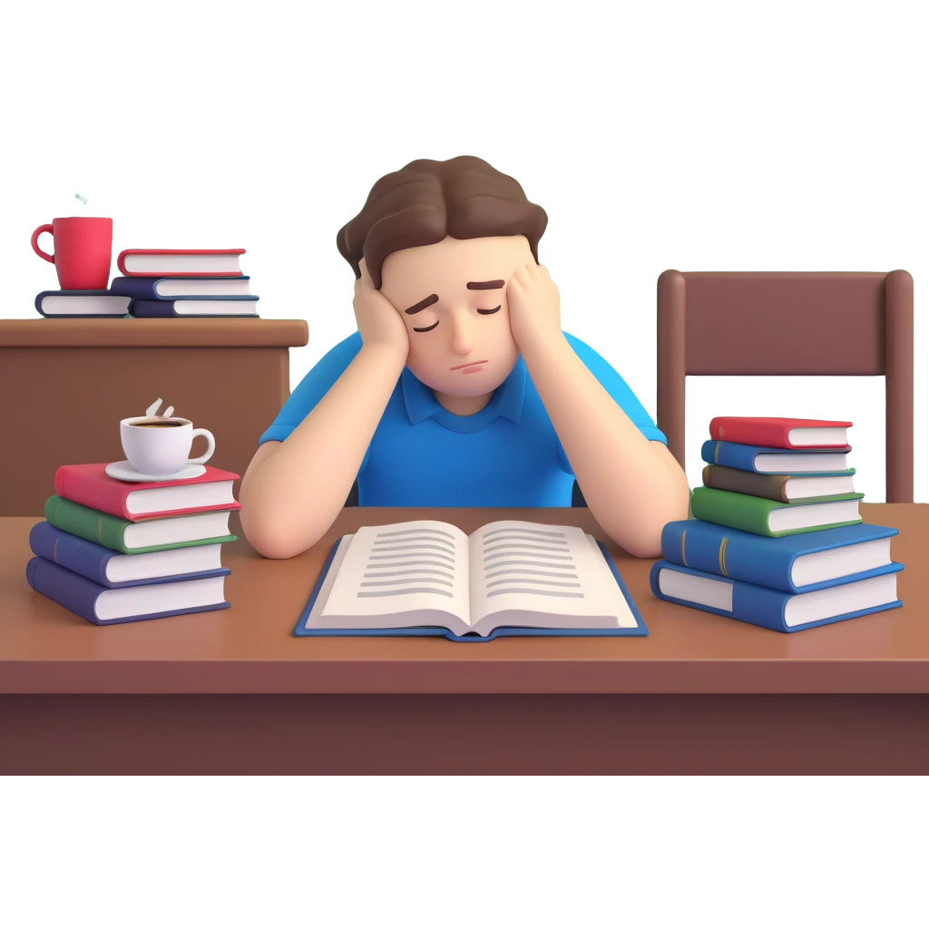 emoji of a slumped-over student at a desk, head resting on arms, with a coffee cup and open books, looking completely worn out from exams emoji