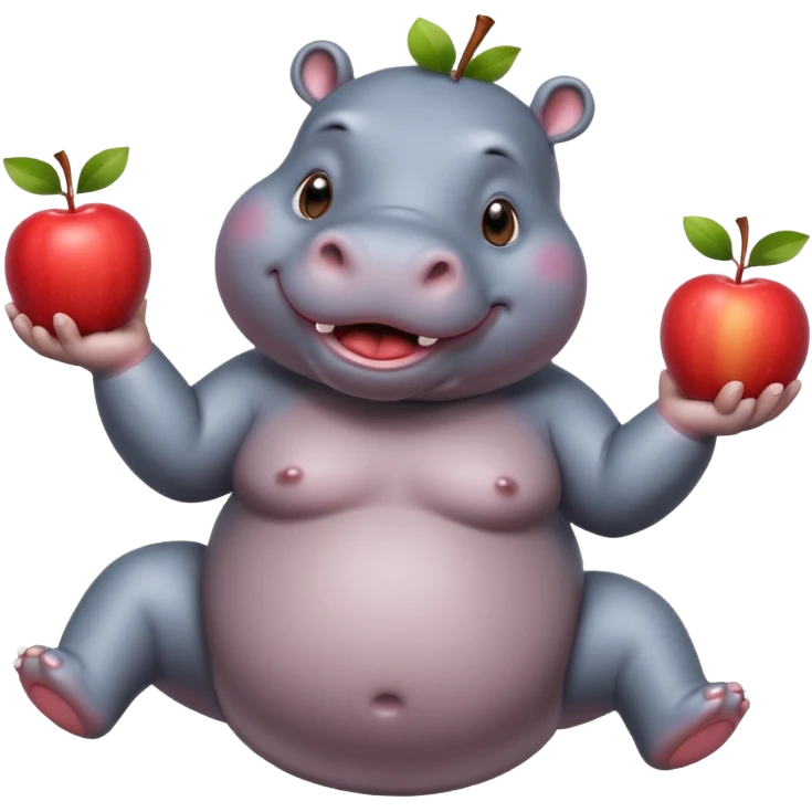 a Circus cute hippo juggling two apple emoji