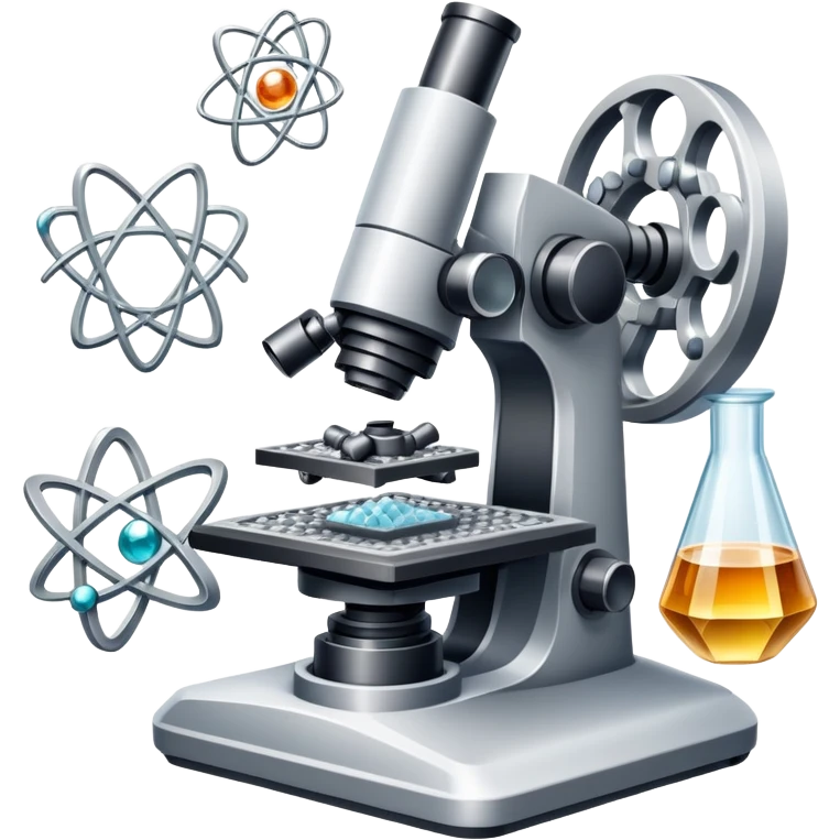 An icon featuring two-ocular electron microscope, a metal alloy, atomic structure symbols, a crystal structure. The design includes different materials like metals, ceramics and polymers, alongside a stamp representing testing and quality control. Transparent background emoji