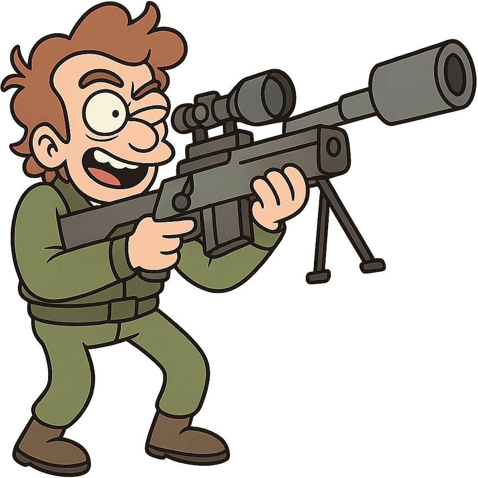cartoon style sniper, exaggerated features, holding a large sniper rifle, green outfit, playful expression emoji