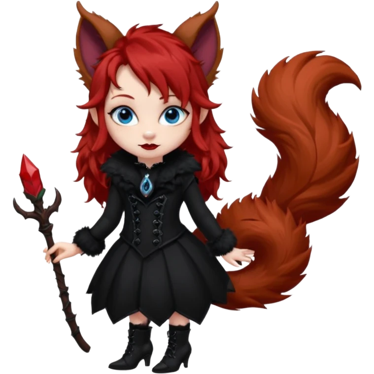  long curly red hair (darker), red pointed ears with black trim, black goth outfits, body and face human, blue eyes, more pointy chin, black lipstick, big fluffy red squirrel tail with black tips, like the attached photo with more outfits and poses,  emoji