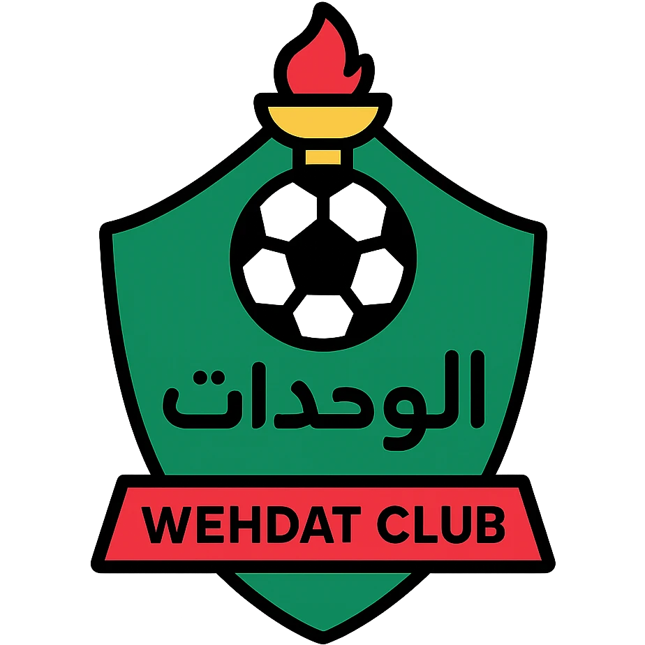Wehdat Club logo, modern flat design, green and red color palette, soccer ball element, Arabic script, minimalistic and professional emoji