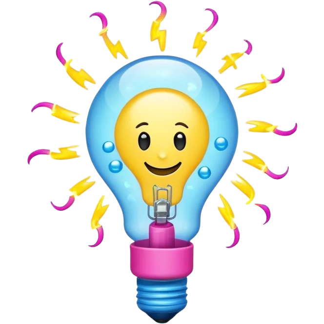 happy lightbulb emoji with a spinning atom inside, floating chemical bubbles, and a small lightning bolt on top, vibrant colors yellow, neon blue, bright pink, conveying energy, creativity, and fun science emoji