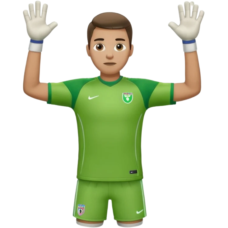 goalkeeper, standing, wearing a green shirt, shorts, socks and football trainers, with arms raised emoji