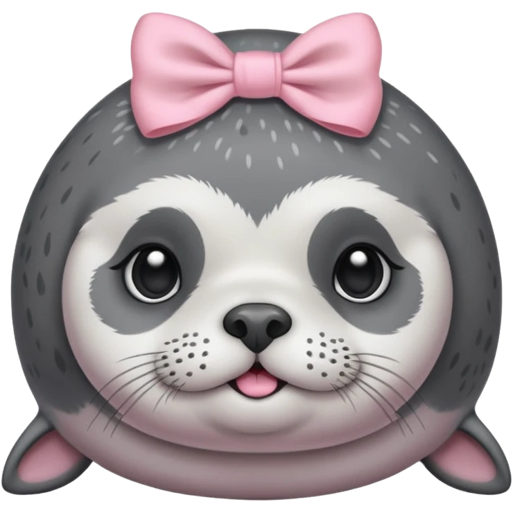 Crea una foca anillada gordita con aspecto tierno, lleva un moño rosado con tonos pasteles emoji