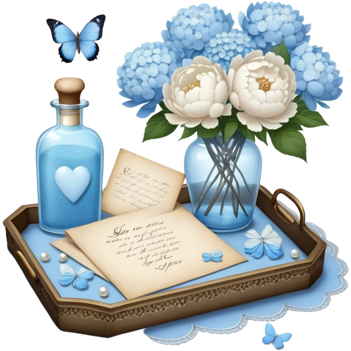 On a lace-trimmed tray rests an ornate glass bottle filled with a soft blue love potion, next to an aged love letter sealed with a wax heart. A delicate pearl butterfly gently perches on the edge of the envelope, while petals of white peonies and pale blue hydrangeas are scattered around. emoji