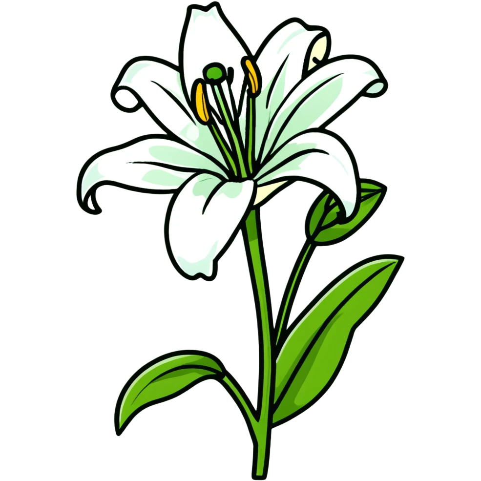 Pure white lily flower with accurate six-petal structure, visible stamens, and green foliage emoji