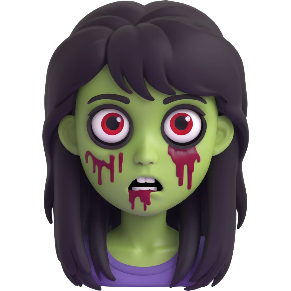 memoji girl zombie, long black emo hair, shaggy, dark, spooky, creepy face emoji