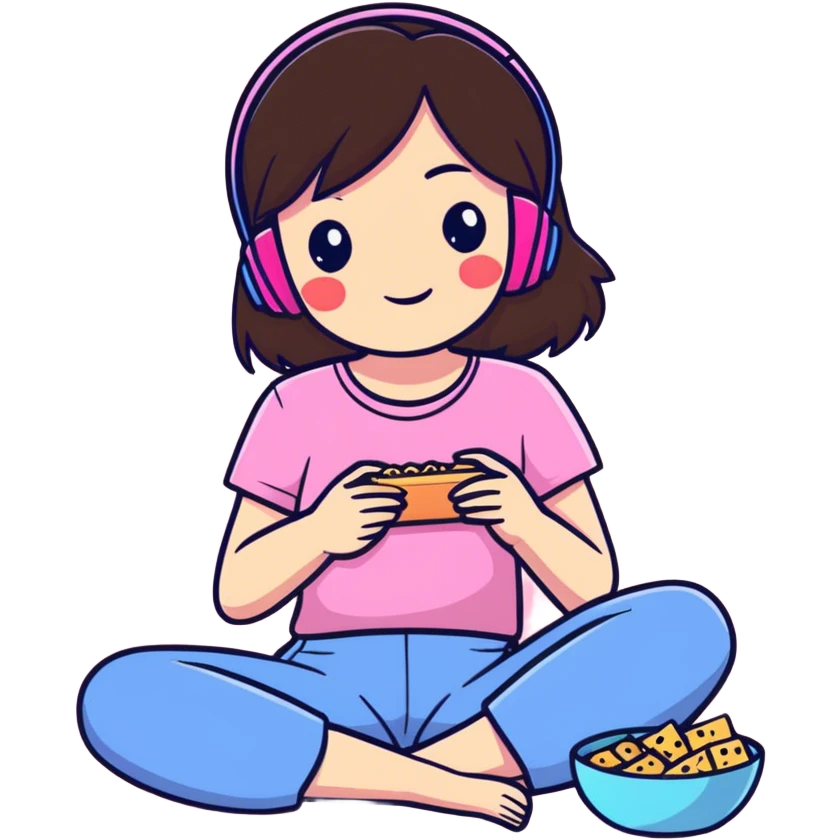 Brunette gamer girlie relaxing wearing pink and eating snacks emoji