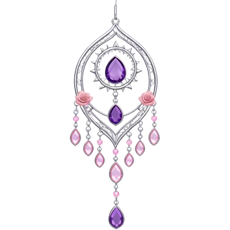 Epic Hanging silver suncatcher, threads with shiny sparkly amethyst and rose-quartz gemstones,  emoji