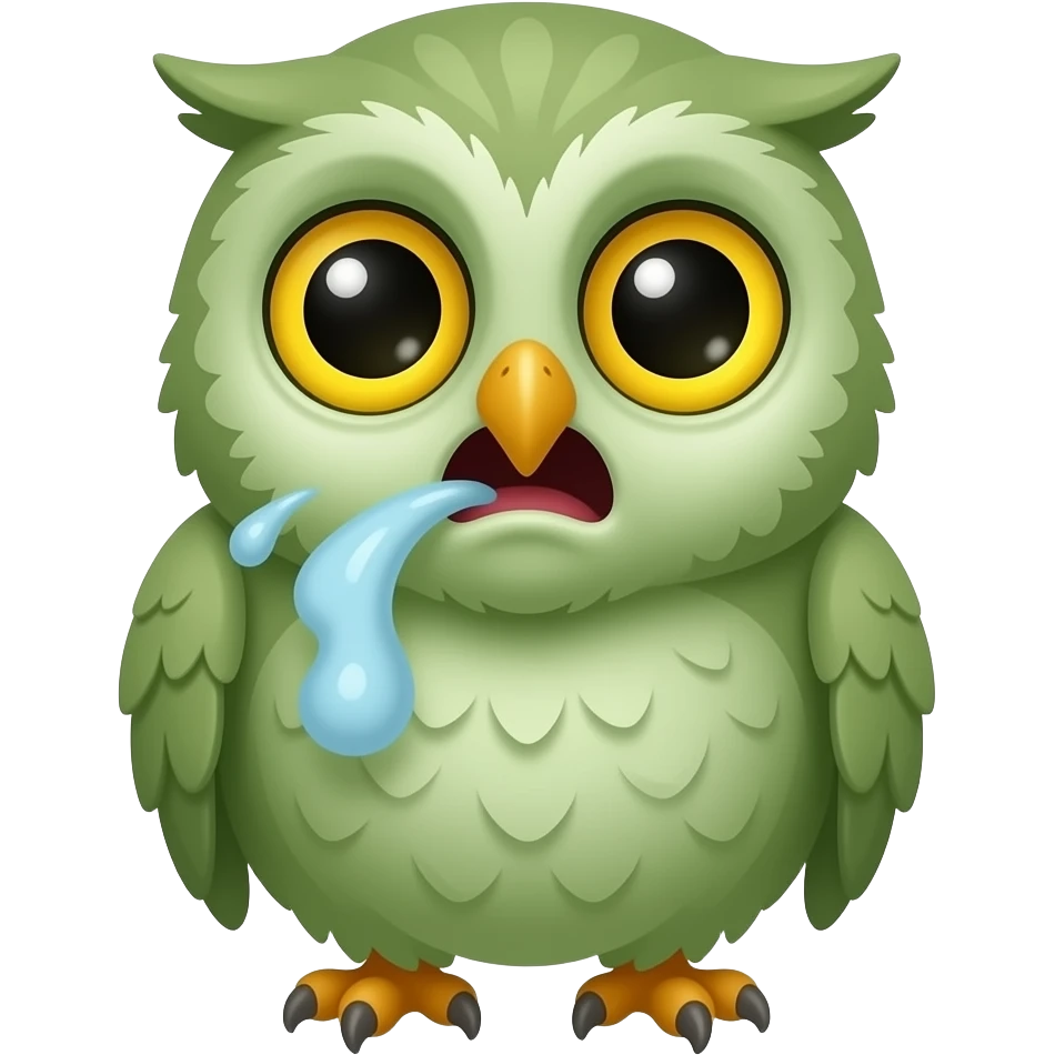 Cartoon cute tiny Baby owl Green skin illness sickness spitting choking confused emoji