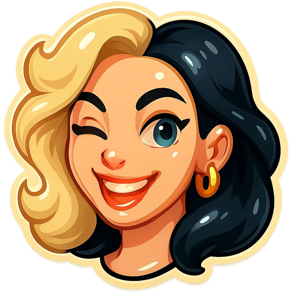 Make the character fully identical to the reference in the style of a Telegram sticker. The character is a girl with two-tone hair (light and black), smiling with visible upper teeth, winking, blue eyes, pale skin, golden earrings, showing only the head with hair, no background and no outline on the edges. emoji