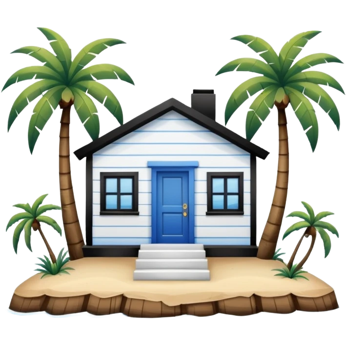 A square white and blue stripe house horizontally with wooden door on a island with palm trees emoji