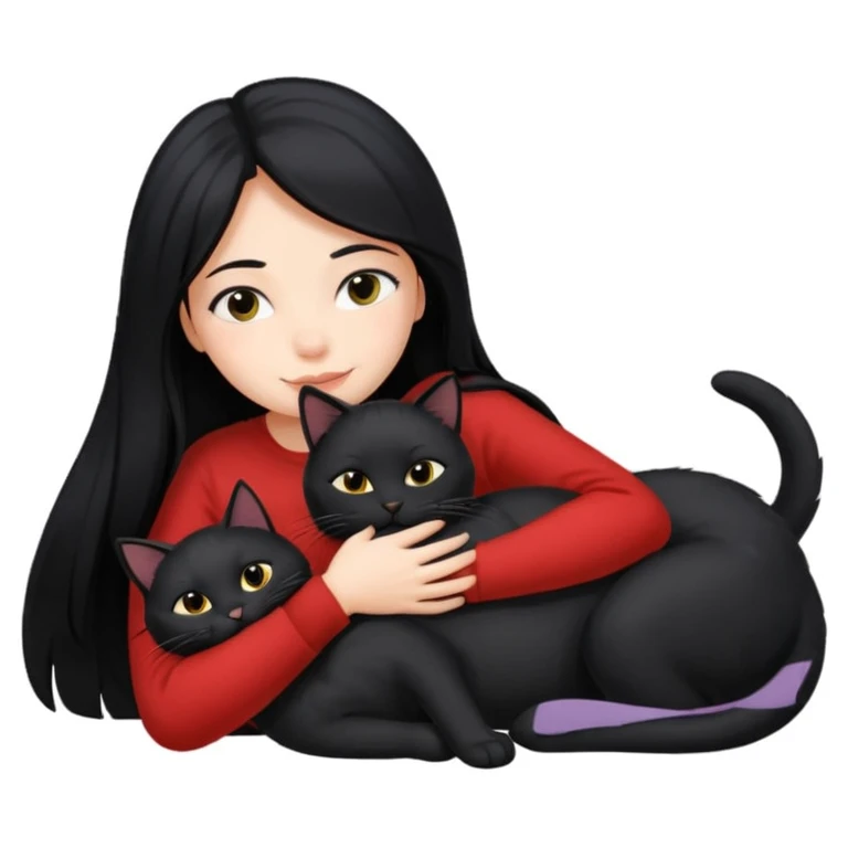 A girl with long black hair, lying down with her black cat while hugging each other. emoji