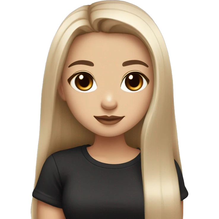 Slavic girl, light skin, long eye lashes, pink beige lips, brown eyes, long black-to-blonde ombre straight hair, black T-shirt, chibi, smiling. emoji