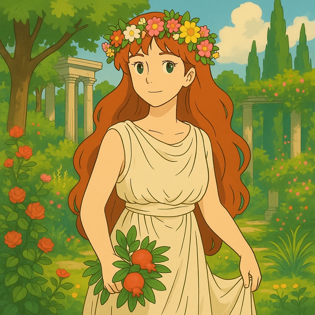 Add a crown of flowers to Persephone's head, keeping the Ghibli style and her red hair, in a lush garden. emoji