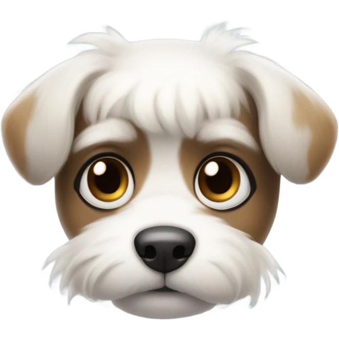 Slightly fluffy Small dog face with white muzzle, BLACK fur around eyes and floppy short ears, black nose, and a curious, sweet expression. emoji