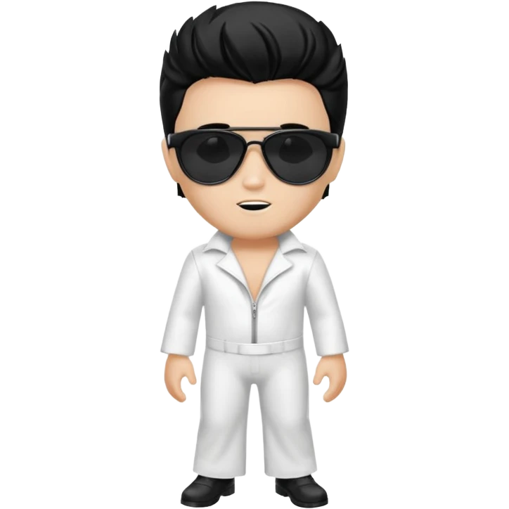 A boy with an Elvis Presley mask with sunglasses (with total black lenses)dressed as Elvis Presley (white dress) emoji