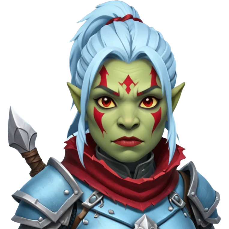 
Fantasy Christmas orc legion soldier icon, iron tundra army theme, heavy winter armor, disciplined brutal look, icy blue steel armor with deep crimson accents, frozen metal texture, cold winter atmosphere, female variant
 emoji