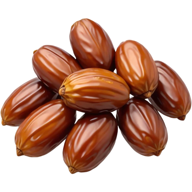 cluster of dates, glossy brown, wrinkled texture, plump, natural variation in shape and color, no plate, packaging, or faces, clean 3D, soft lighting, emoji scale emoji