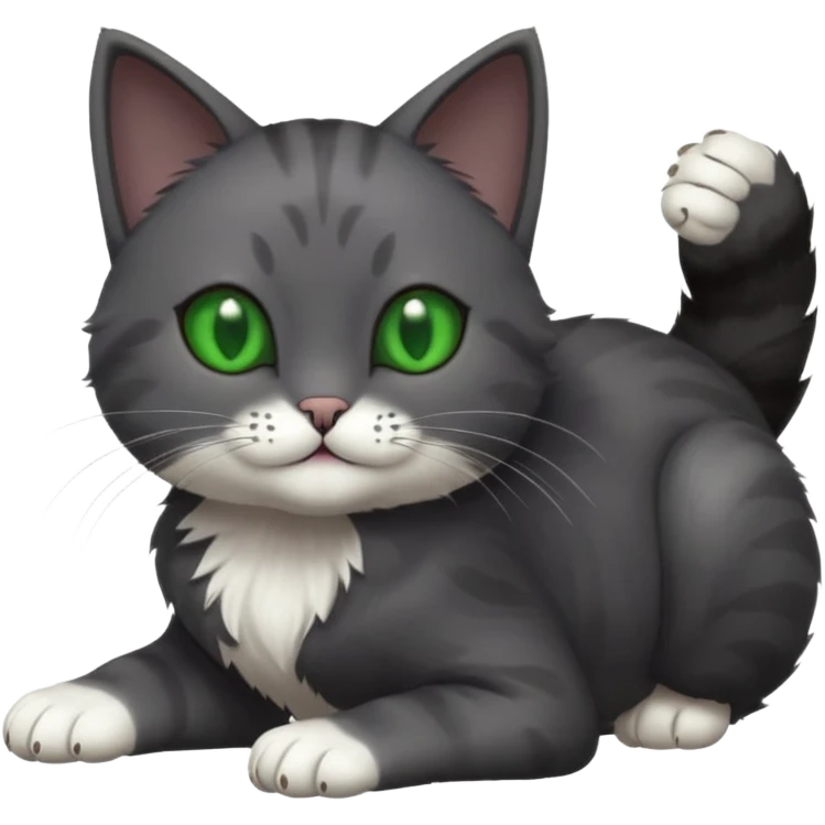 solid dark grey cat with green eyes, completely solid grey face, white toes/paws playfully rolling upside down emoji