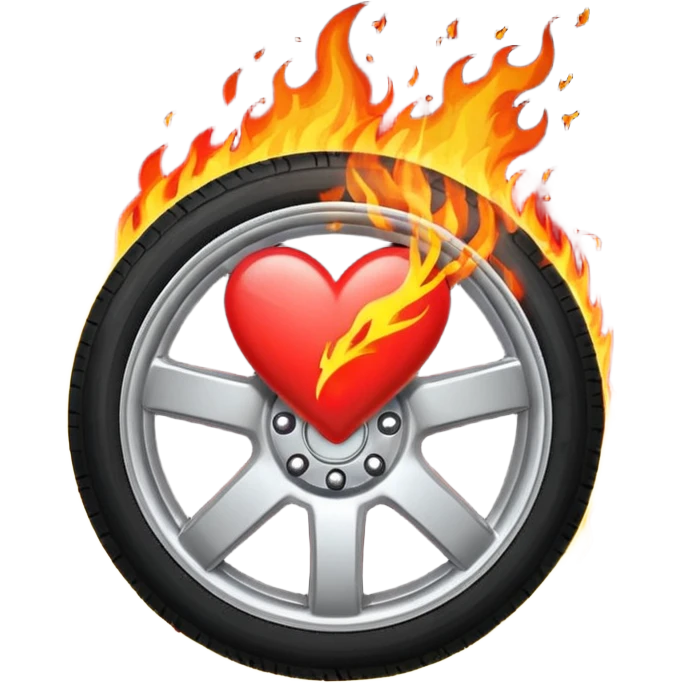 a car wheel on fire, sparks flying from underneath, and a red heart in the center of the wheel emoji