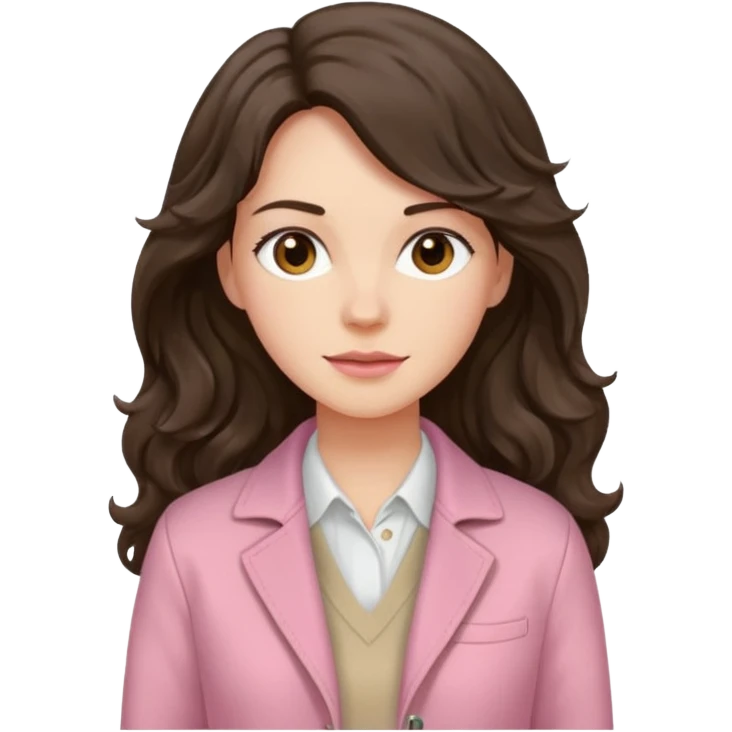 Portrait of woman with dark long wavy hair in white shirt, pink pullover and beige jacket emoji