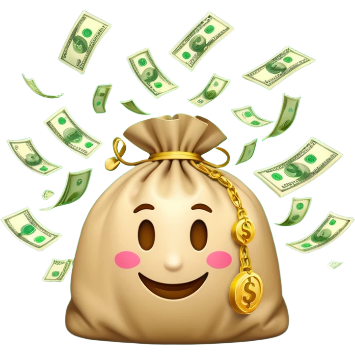 

3D emoji style, big bag of money, flying dollar bills, rich casino vibe, smooth lighting, high detail, clean edges, transparent background



 emoji