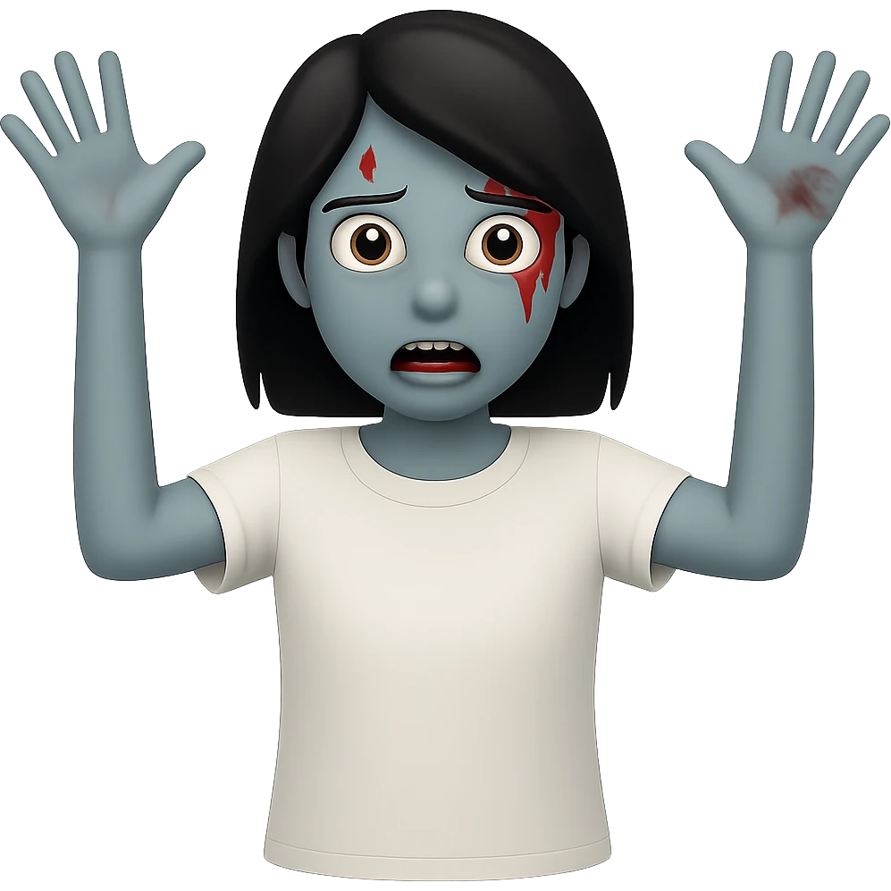 Create an image of a zombie girl with black hair wearing a white t-shirt, minimal blood, in the style of Apple emojis, with no background, arms outstretched. emoji