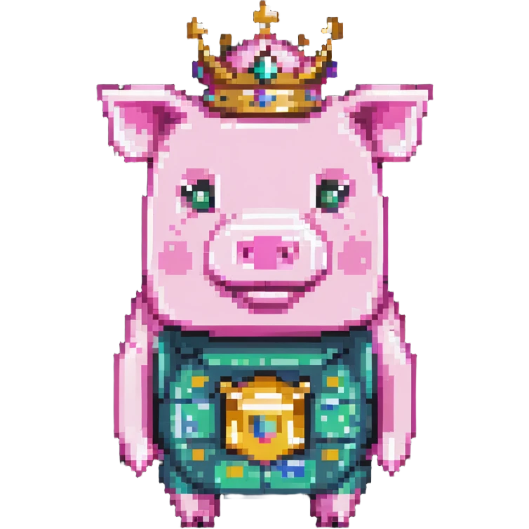 full body pink blocky pig with square head and square body wearing a crown emoji