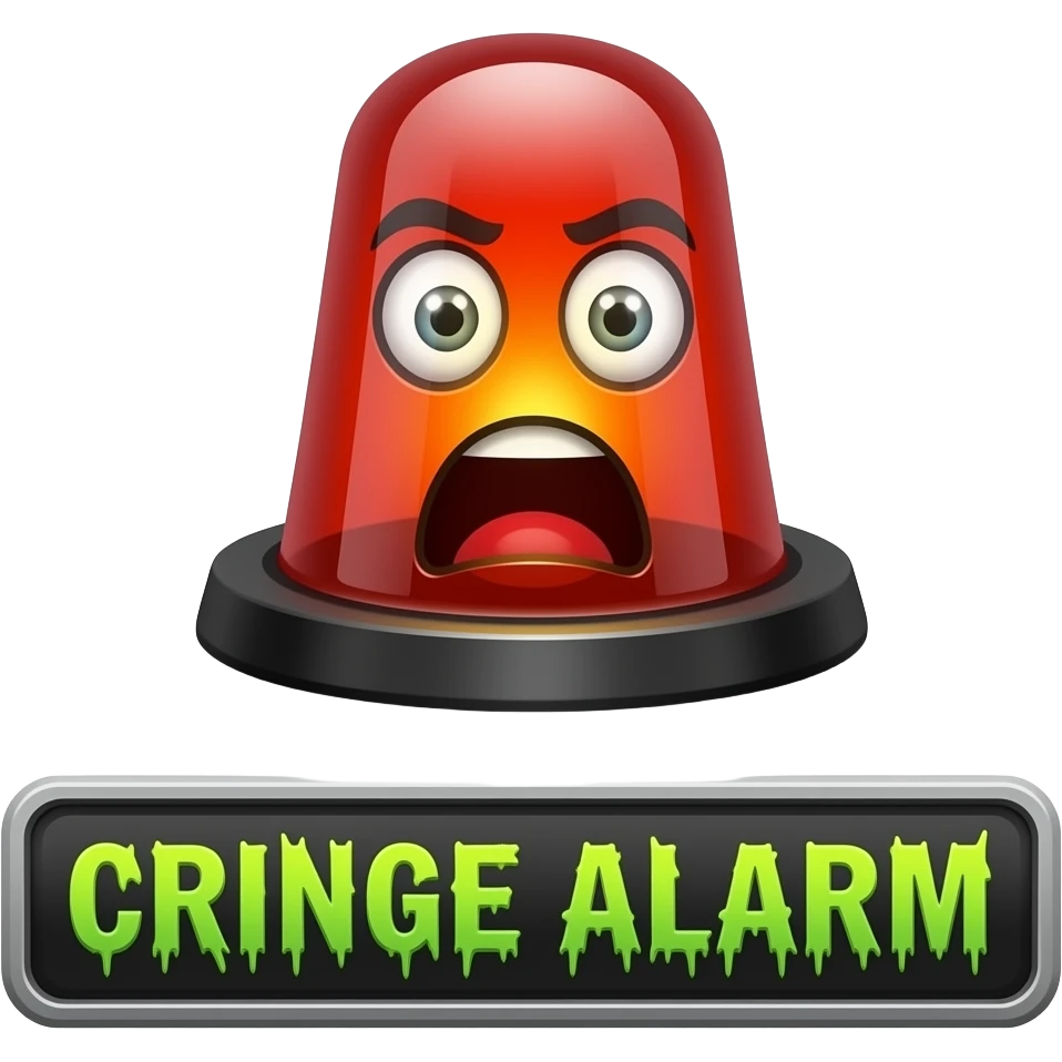A blaring siren with visual sound effects, a label below it with text "Cringe Alarm" with green horror font", filled background emoji