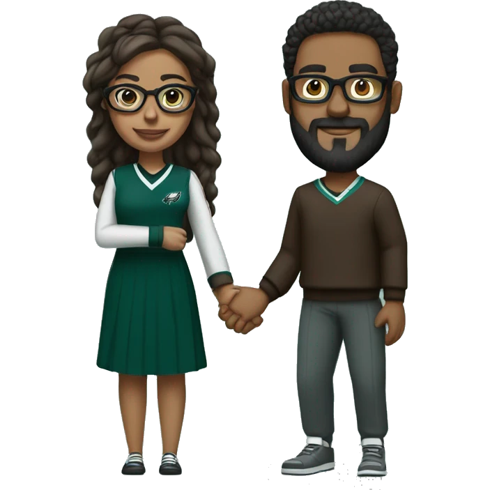 Brown guy with beard mustache and brown girl with glasses and her hair in a bun in Philadelphia eagles clothes holding hands emoji