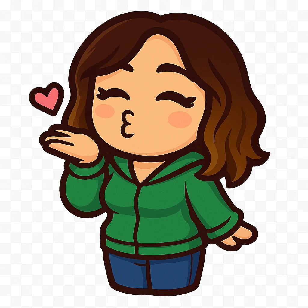 Sticker style chibi emote, matching the attached green heart emote as a base, but with a slightly skinnier body and a bigger chest. Woman from reference, mint green sweater and blue jeans, blowing a kiss, cute flirty face, no headband, no wand, transparent background. Top color should not match jeans. emoji