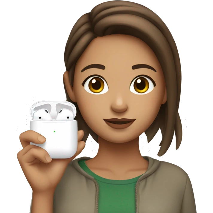 Girl with brown hair, brown eyes, put AirPods in her ears and also a matcha  emoji