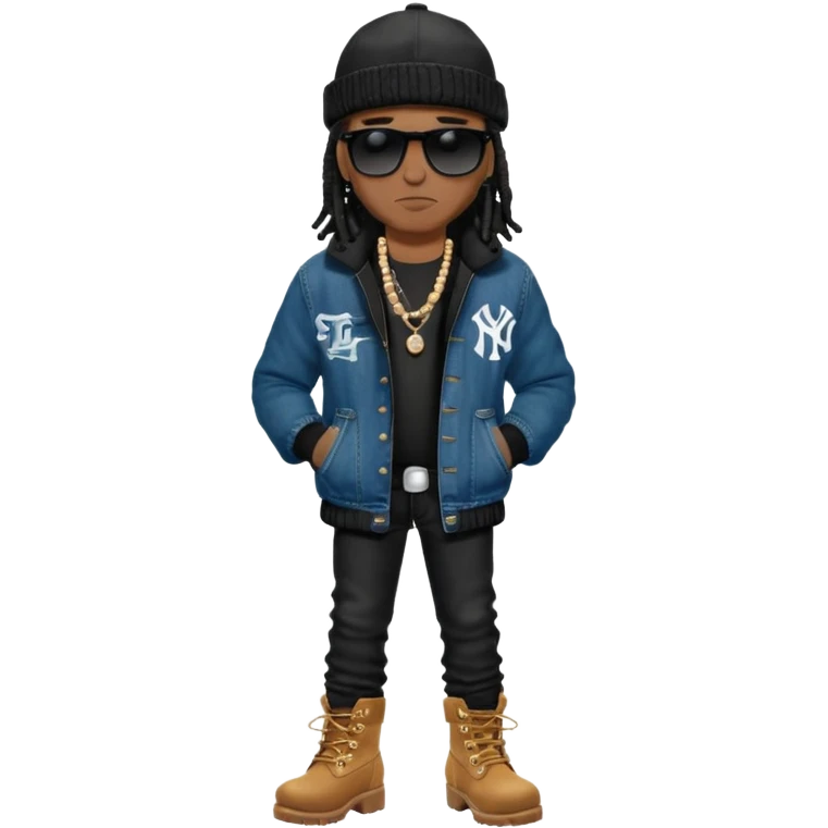 African American man with shoulder length black dreadlocks with black bead wearing black sunglasses with wearing denim skinny jeans wearing black bubble winter coat wearing black New York Yankees baseball hat and  timberland boots with arms folded emoji