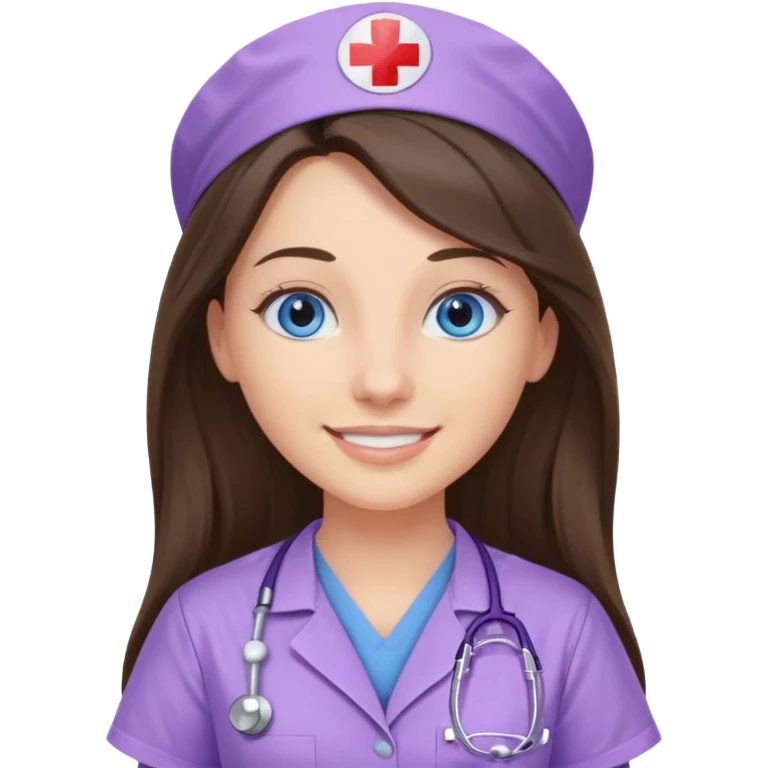 pretty brunette nurse with long hair and blue eyes in lilac scrubs emoji