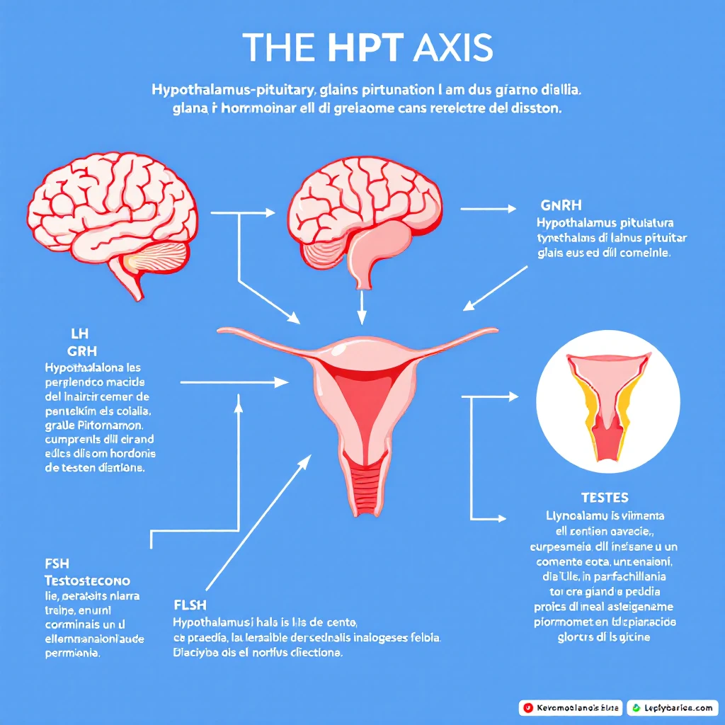 clear and realistic infographic of the HPT axis (hypothalamus-pituitary-testes): showing hypothalamus, pituitary gland, and testes connected by arrows, including hormone names (GnRH, LH, FSH, testosterone), simple diagram, distinct colors for each part, scritte in italiano emoji