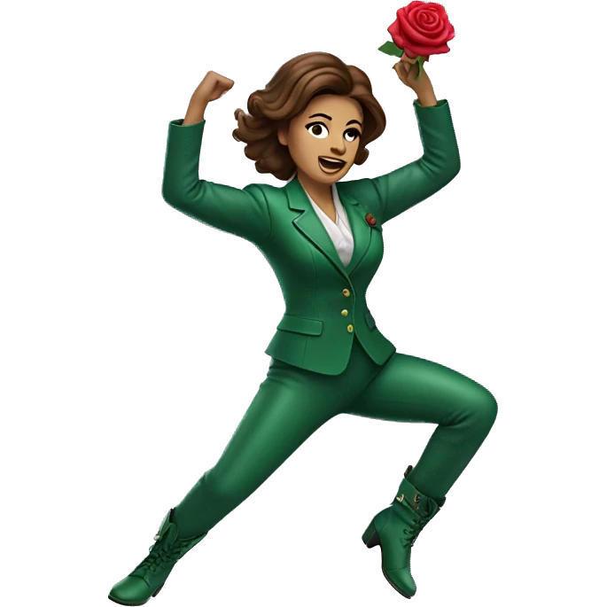 Woman with brown hair in green suit with green leather boots with rose on stomach dancing emoji